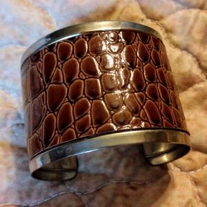 Silvertone Cuff Bracelet with Leather Alligator Print